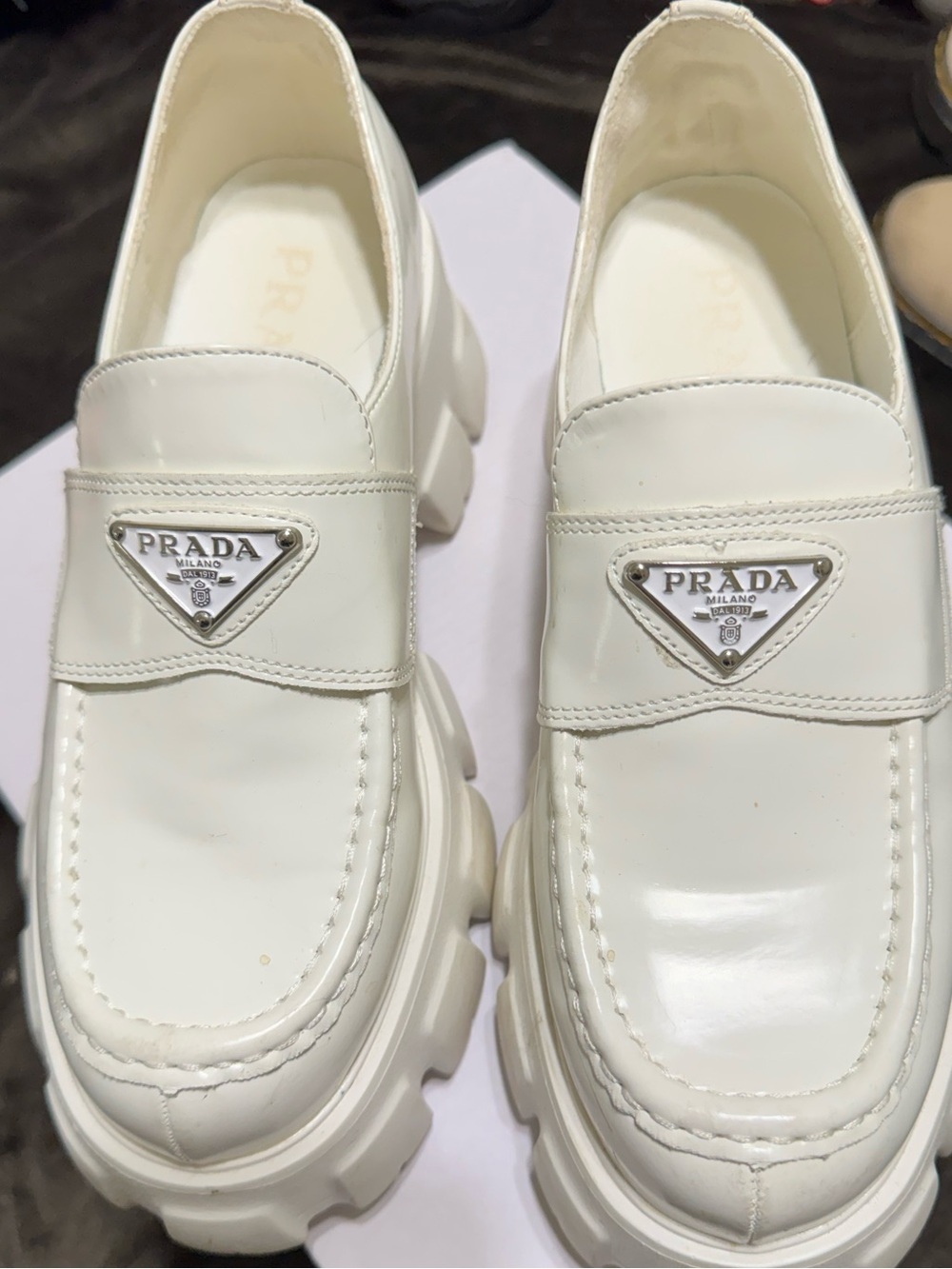 Prada White Patent Leather Lug-Sole Slip-On Loafers